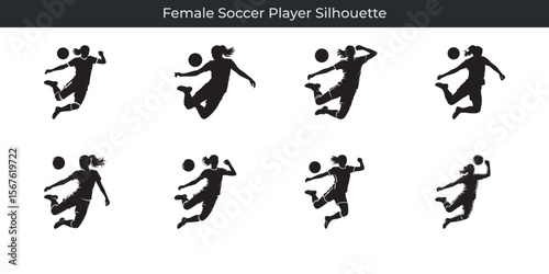 Dynamic collection of eight black silhouette images of a female soccer player kicking a ball