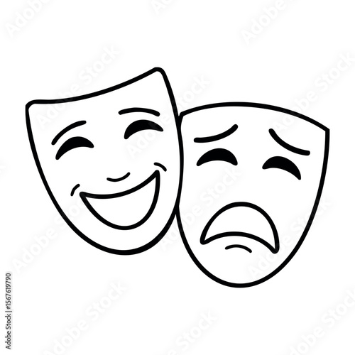 Expressive comedy and tragedy masks. Vector hand-drawn doodle illustration