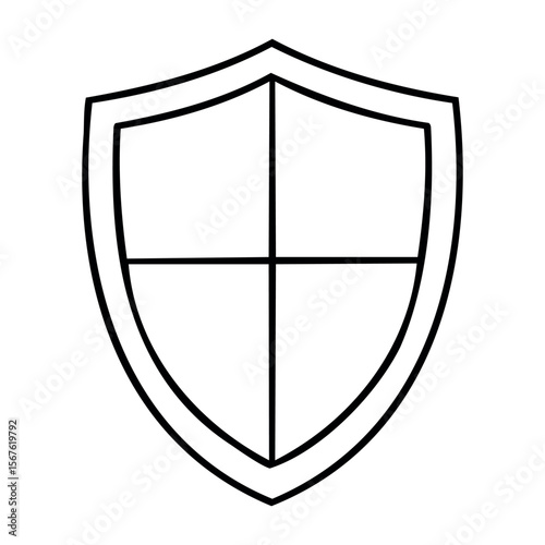 Simple shield outline with black border and center cross. Vector hand-drawn doodle illustration