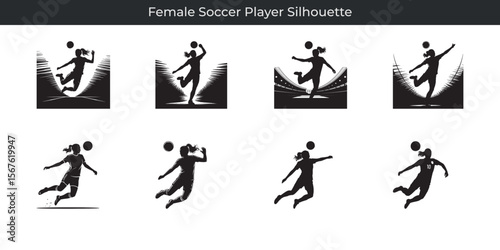 Dynamic silhouettes of a female soccer player displaying action in various playing styles