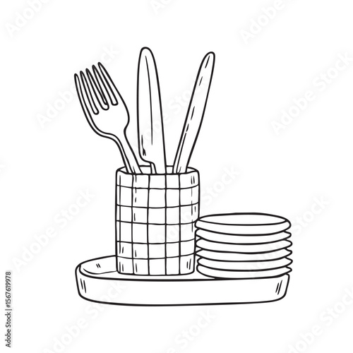 A utensil jar with forks and knives beside a drying rack