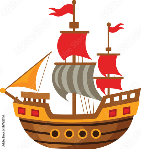 Cartoon sailing ship with red and orange sails and flags