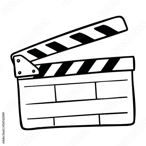 Film clapperboard in hand drawn style with open top and blank panel. Vector hand-drawn doodle illustration