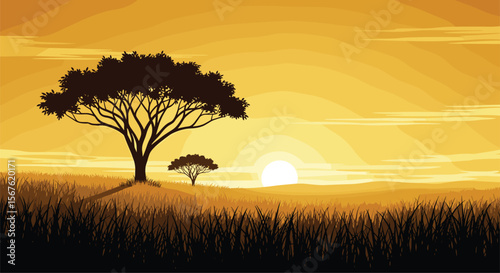 Serene African Savannah Sunset with Silhouette Trees and Golden Hues