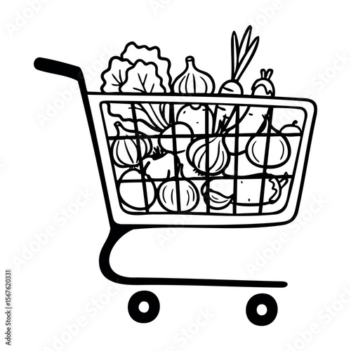 Shopping cart filled with fresh vegetables including carrots and lettuce. Vector hand-drawn doodle illustration