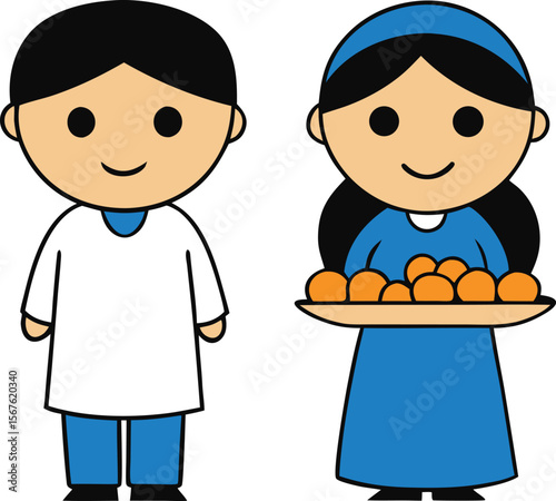 Cartoon boy and girl in traditional clothing with a tray of oranges