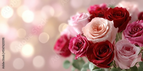 Beautiful Mixed Rose Bouquet Displaying Various Red Pink and White Blooming Flowers for Romantic Gift or Decorative Arrangement