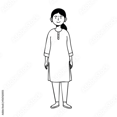 Illustration of asian female child in traditional dress with long hair. Vector hand-drawn doodle illustration