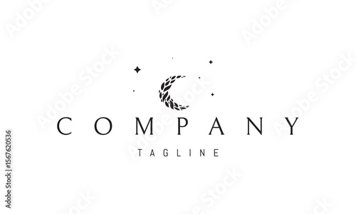 A vector logo featuring an abstract image a crescent moon formed from layered leaves, set against a background of stars.