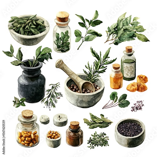 Watercolor collection of herbs, spices, and essential oils for natural wellness. 