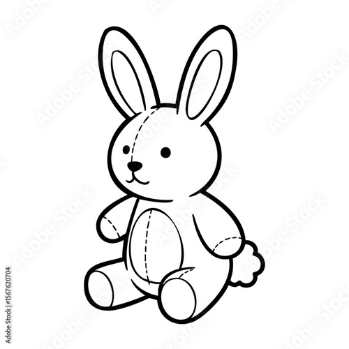 Cute sitting stuffed rabbit drawing with stitch details. Vector hand-drawn doodle illustration