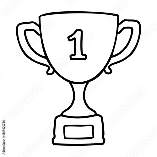 Simple trophy with number one insignia in outline style. Vector hand-drawn doodle illustration