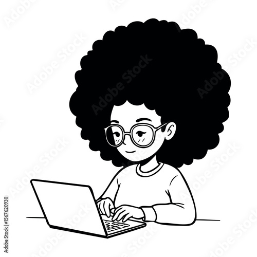 Young african female child with glasses using laptop, smiling and concentrated. Vector hand-drawn doodle illustration