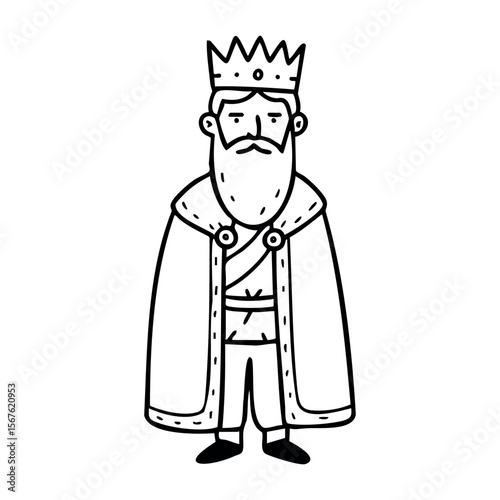 Cartoon king character with crown and cape. Vector hand-drawn doodle illustration