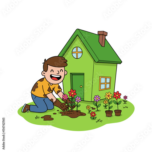Cartoon person planting flowers in front of a small green house with a chimney and potted plants nearby.