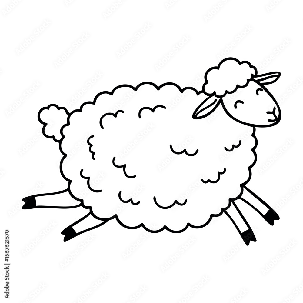 Obraz premium Cute cartoon sheep drawing with fluffy wool and happy expression. Vector hand-drawn doodle illustration
