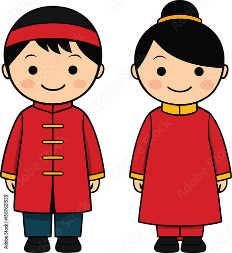 Cute cartoon boy and girl wearing traditional red chinese clothing smiling