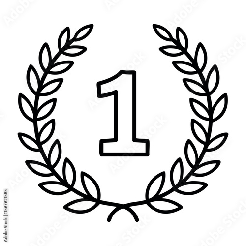 Laurel wreath with number one symbolizing first place in competition. Vector hand-drawn doodle illustration