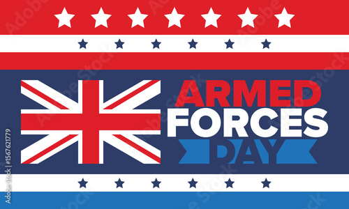 Armed Forces Day in United Kingdom. Great Britain flag. Veterans' and Memorial Day. Holiday to honoring the armed forces. British flag. Army Day. Creative art poster. Vector illustration