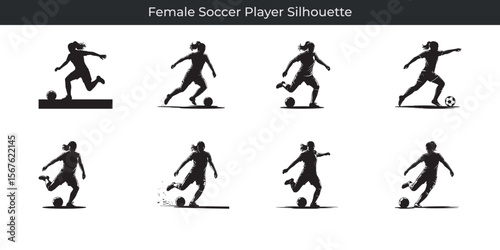 Dynamic black silhouettes depicting female soccer player actions and movements on white backgrounds