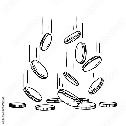 Illustration of falling coins in black and white. Vector hand-drawn doodle illustration