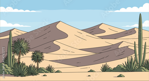Pixel Art Desert Landscape with Cacti and Sand Dunes