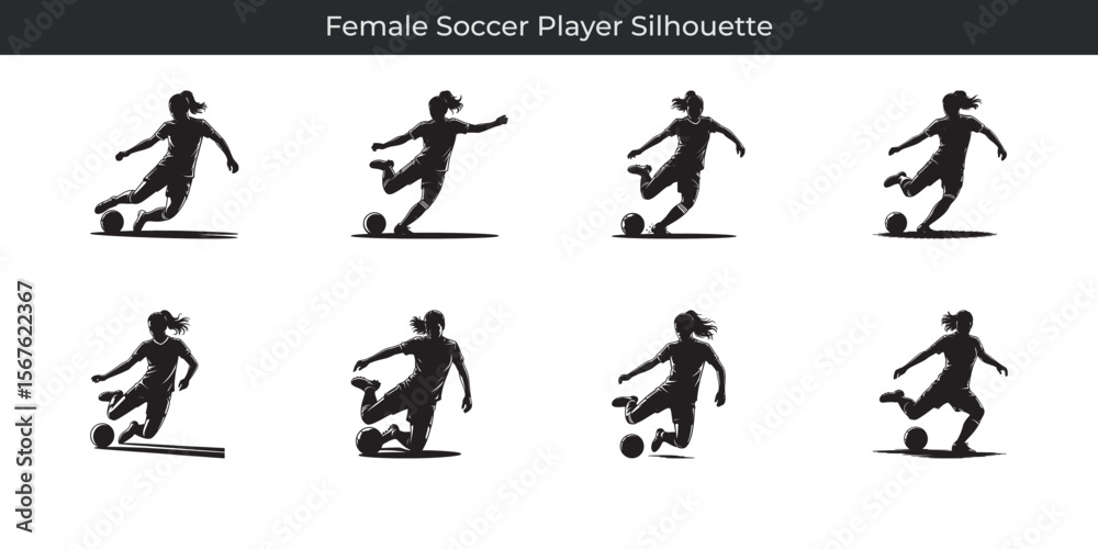 Obraz premium Multiple silhouette illustrations of a female soccer player in various action poses