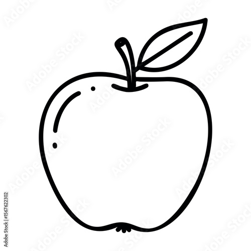 Black and white outline of a simple apple drawing with a leaf. Vector hand-drawn doodle illustration