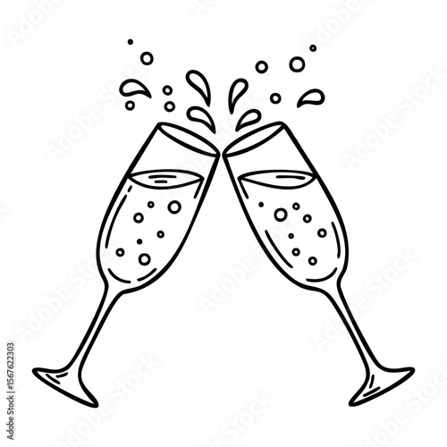 Celebratory toast with two clinking champagne glasses and bubbles. Vector hand-drawn doodle illustration