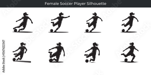 Multiple silhouette illustrations of a female soccer player in various action poses