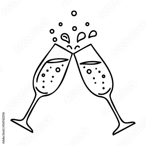 Two champagne glasses clinking with bubbles and splashing liquid. Vector hand-drawn doodle illustration