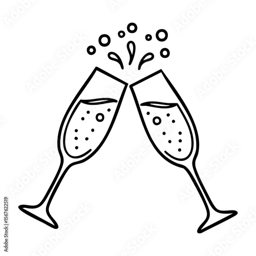 Outline of clinking champagne glasses with bubbles and splash. Vector hand-drawn doodle illustration