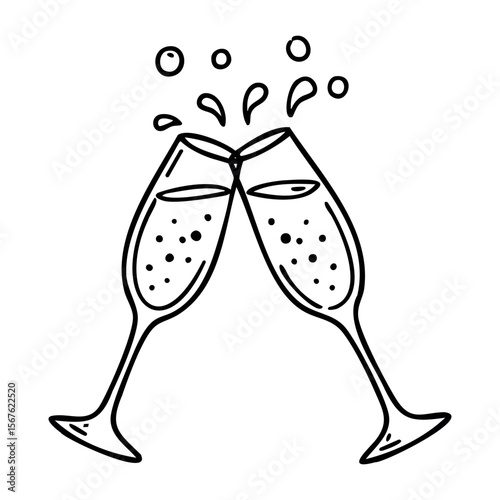 Festive celebration with clinking champagne glasses and bubbles. Vector hand-drawn doodle illustration