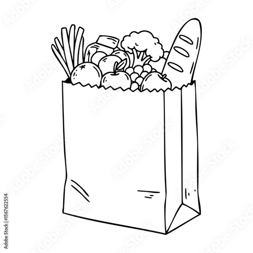 Paper grocery bag filled with fresh vegetables, fruits, and bread. Vector hand-drawn doodle illustration