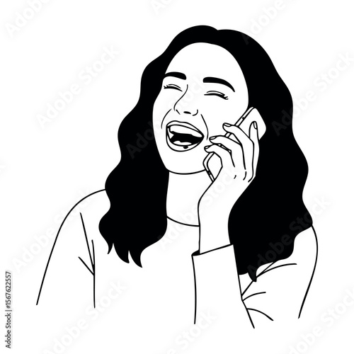 Young caucasian female laughing while talking on phone in line art drawing. Vector hand-drawn doodle illustration