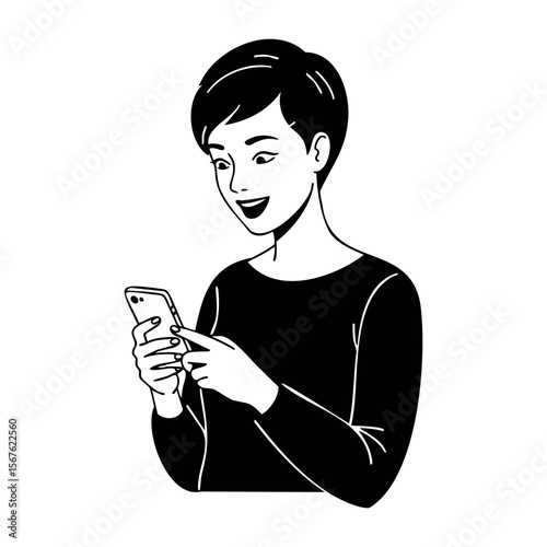 Asian young adult female smiling at smartphone in minimalist illustration style. Vector hand-drawn doodle illustration