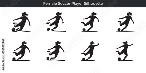 Dynamic black silhouette of female soccer player in action kicking the ball across the field