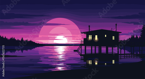 Pixelated Lakeside Sunset with a Silhouetted House on Stilts