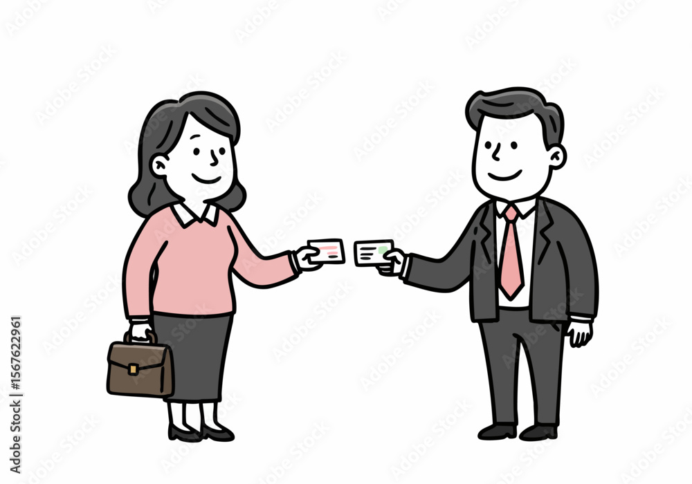 Cartoon illustration of two business people, a man and a woman, exchanging business cards during a meeting or introduction. Cartoon illustration of two business people, a man and a woman, exchanging business cards during a meeting or introduction.