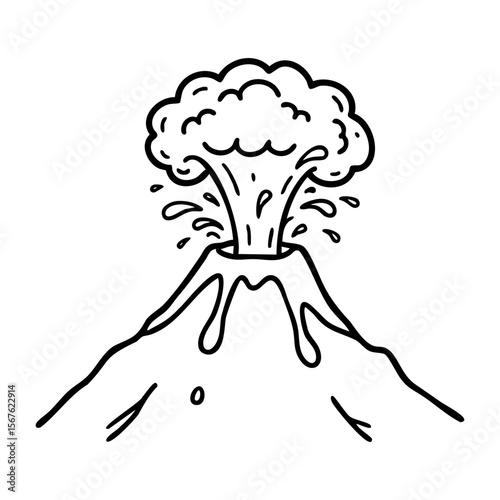 Erupting volcano drawing with explosive smoke and lava splashing from crater. Vector hand-drawn doodle illustration