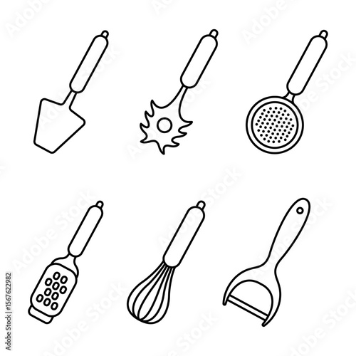 Kitchenware icon set. Black line vector kitchen utensils, tools and cutlery. Whisk, grater, sieve, spatula, vegetable peeler and pasta spoon