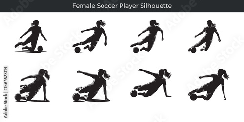 Dynamic black silhouette illustrations of a female soccer player kicking the ball into the goal