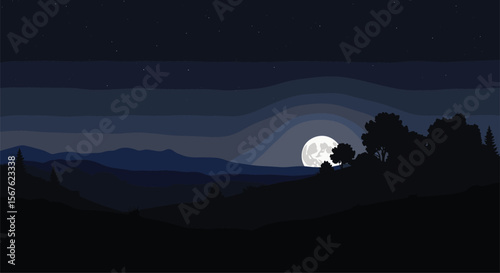 Serene Night Landscape Under a Full Moon
