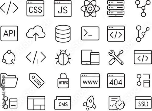 Collection of modern flat design icons representing web development concepts including coding databases cloud computing security and networking elements