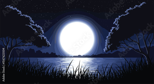 Serene Nightscape Under a Luminescent Moon Over Calm Waters