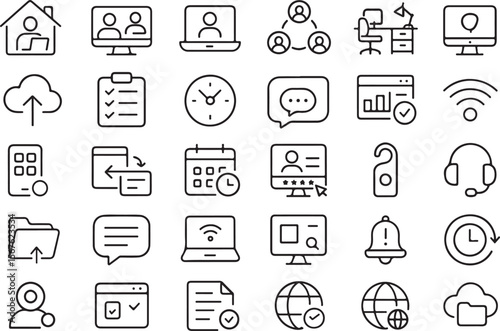 Collection of thin line icons representing remote work online communication productivity and digital services for business and personal use