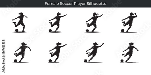 Dynamic female soccer player silhouettes depicting action kicking and athletic prowess on white backgrounds