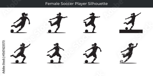 Dynamic silhouette collection depicting female soccer player actions in black and white