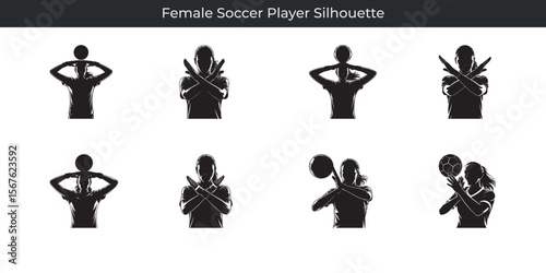 Black silhouette illustrations of female soccer players in dynamic game poses
