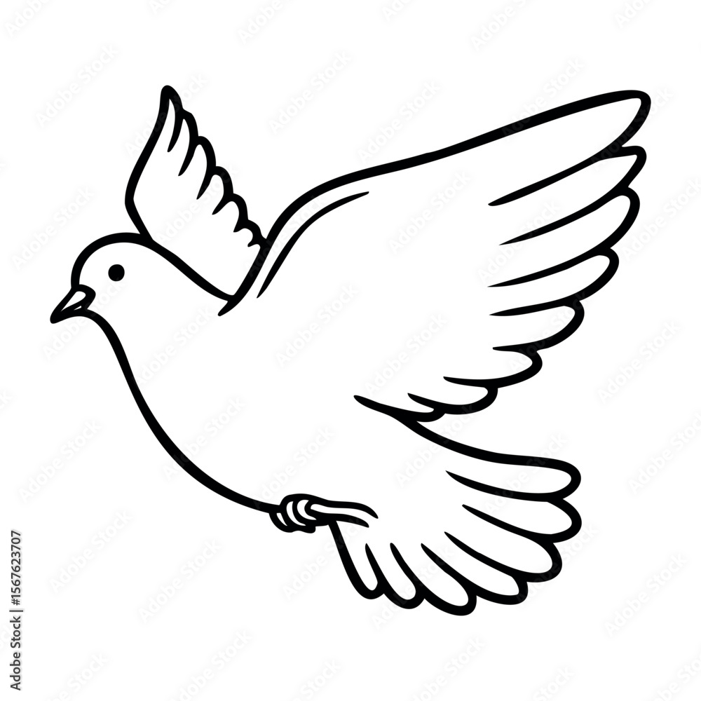 Fototapeta premium Outline of a dove with wings spread in flight. Vector hand-drawn doodle illustration